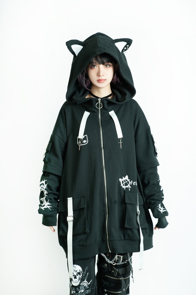 Jillpunk ゑいたコラボ サブカルにゃんこ FELONYキャット クール 二次コン アニメ 重ね着風 かわいいパンク クロスチャーム ゆったり 猫耳 長袖マウンテンパーカー フード付きジャケット オリジナル おしゃれ男女兼用