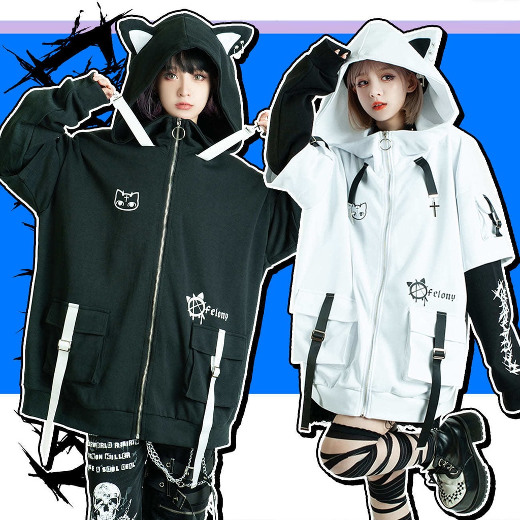 Jillpunk ゑいたコラボ サブカルにゃんこ FELONYキャット クール 二次コン アニメ 重ね着風 かわいいパンク クロスチャーム ゆったり 猫耳 長袖マウンテンパーカー フード付きジャケット オリジナル おしゃれ男女兼用