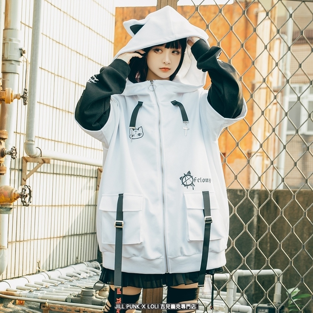 Jillpunk ゑいたコラボ サブカルにゃんこ FELONYキャット クール 二次コン アニメ 重ね着風 かわいいパンク クロスチャーム ゆったり 猫耳 長袖マウンテンパーカー フード付きジャケット オリジナル おしゃれ男女兼用