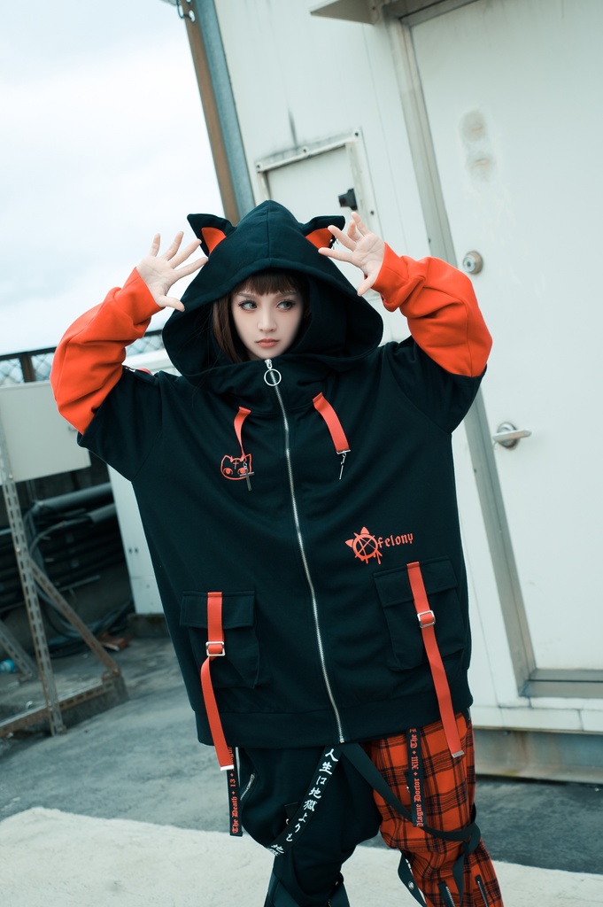 Jillpunk ゑいたコラボ サブカルにゃんこ FELONYキャット クール 二次コン アニメ 重ね着風 かわいいパンク クロスチャーム ゆったり 猫耳 長袖マウンテンパーカー フード付きジャケット オリジナル おしゃれ男女兼用