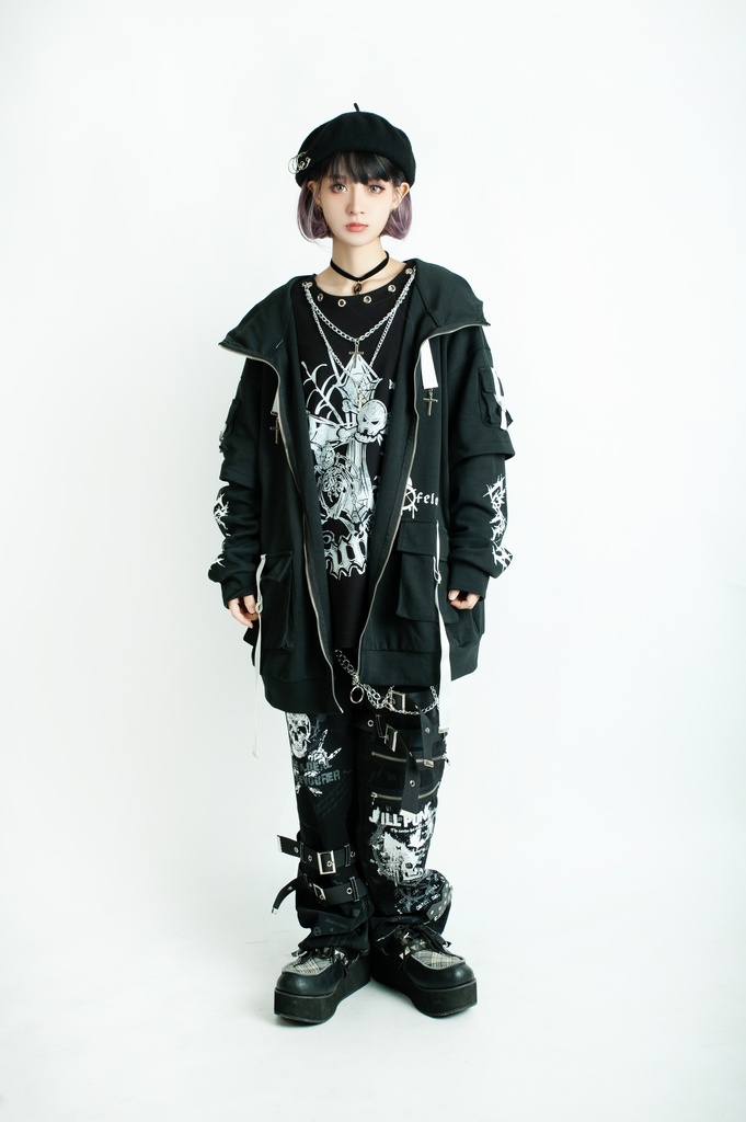 Jillpunk ゑいたコラボ サブカルにゃんこ FELONYキャット クール 二次コン アニメ 重ね着風 かわいいパンク クロスチャーム ゆったり 猫耳 長袖マウンテンパーカー フード付きジャケット オリジナル おしゃれ男女兼用