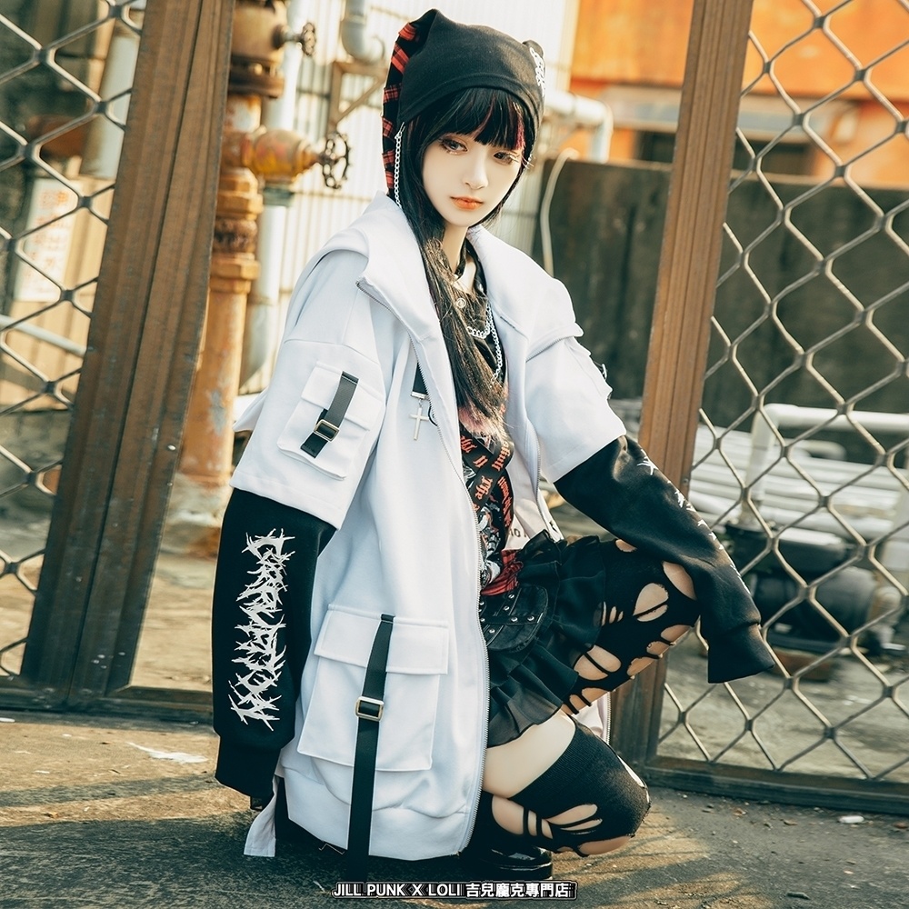 Jillpunk ゑいたコラボ サブカルにゃんこ FELONYキャット クール 二次コン アニメ 重ね着風 かわいいパンク クロスチャーム ゆったり 猫耳 長袖マウンテンパーカー フード付きジャケット オリジナル おしゃれ男女兼用