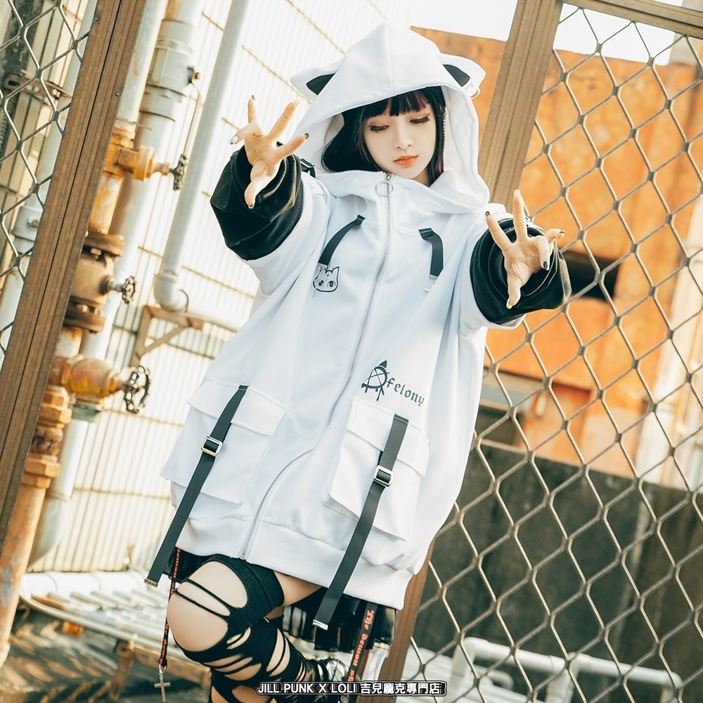 Jillpunk ゑいたコラボ サブカルにゃんこ FELONYキャット クール 二次コン アニメ 重ね着風 かわいいパンク クロスチャーム ゆったり 猫耳 長袖マウンテンパーカー フード付きジャケット オリジナル おしゃれ男女兼用