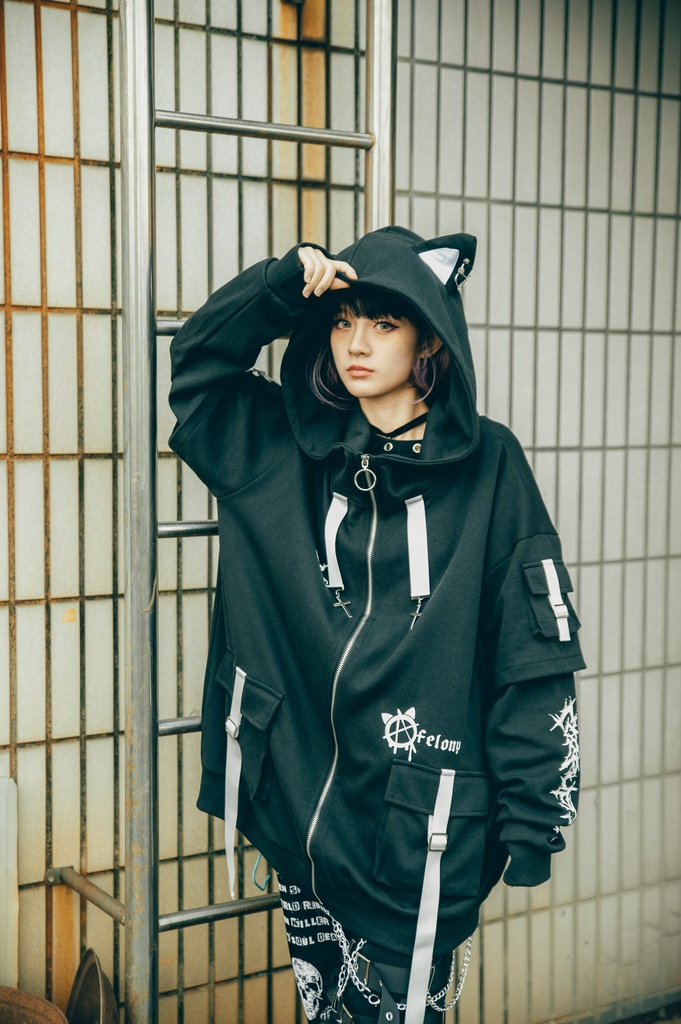 Jillpunk ゑいたコラボ サブカルにゃんこ FELONYキャット クール 二次コン アニメ 重ね着風 かわいいパンク クロスチャーム ゆったり 猫耳 長袖マウンテンパーカー フード付きジャケット オリジナル おしゃれ男女兼用