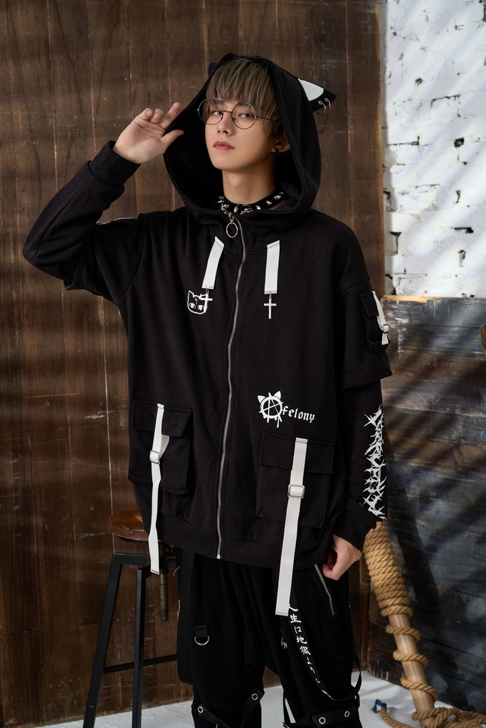 Jillpunk ゑいたコラボ サブカルにゃんこ FELONYキャット クール 二次コン アニメ 重ね着風 かわいいパンク クロスチャーム ゆったり 猫耳 長袖マウンテンパーカー フード付きジャケット オリジナル おしゃれ男女兼用