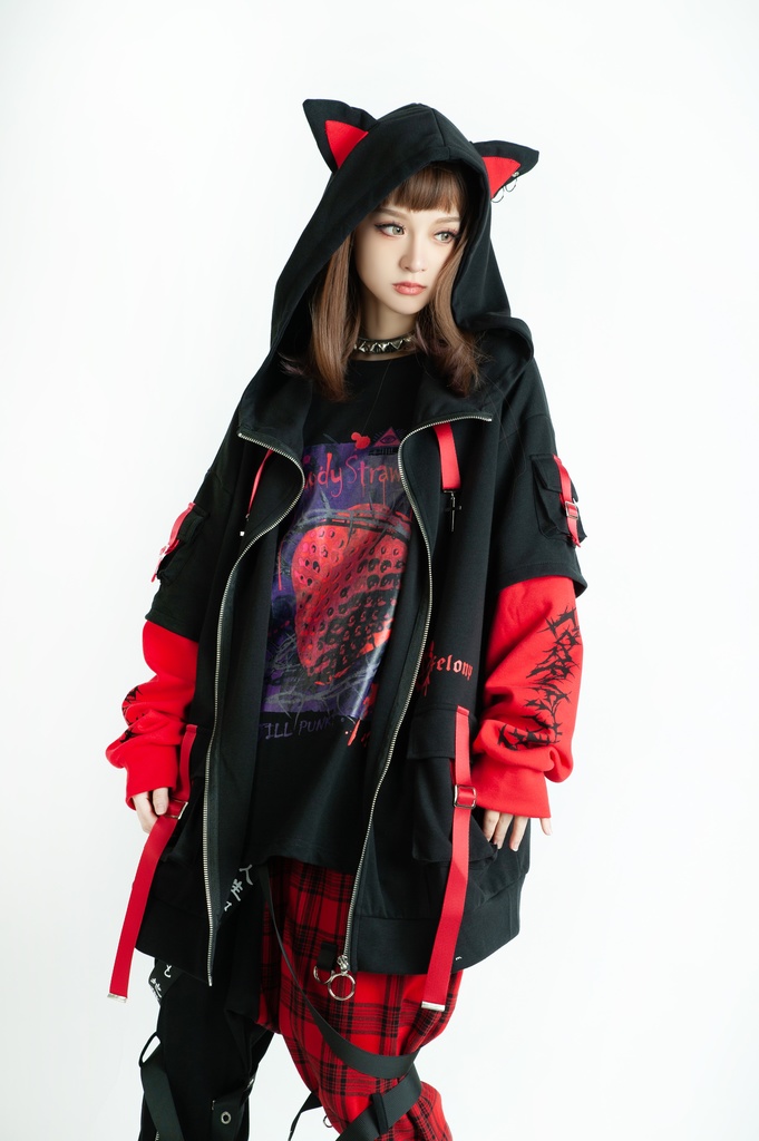 Jillpunk ゑいたコラボ サブカルにゃんこ FELONYキャット クール 二次コン アニメ 重ね着風 かわいいパンク クロスチャーム ゆったり 猫耳 長袖マウンテンパーカー フード付きジャケット オリジナル おしゃれ男女兼用