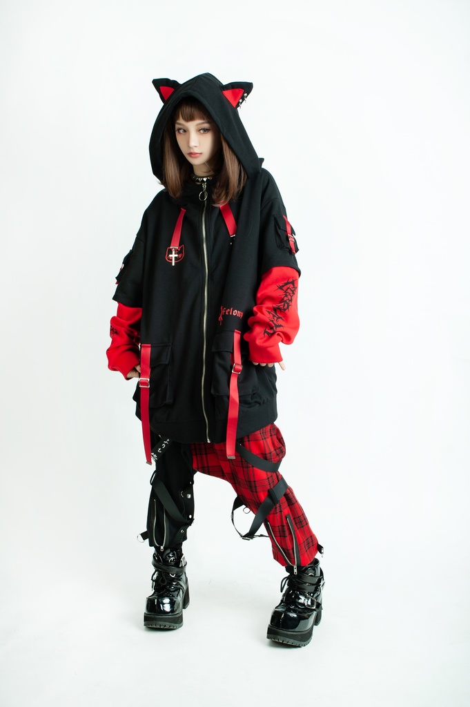 Jillpunk ゑいたコラボ サブカルにゃんこ FELONYキャット クール 二次コン アニメ 重ね着風 かわいいパンク クロスチャーム ゆったり 猫耳 長袖マウンテンパーカー フード付きジャケット オリジナル おしゃれ男女兼用