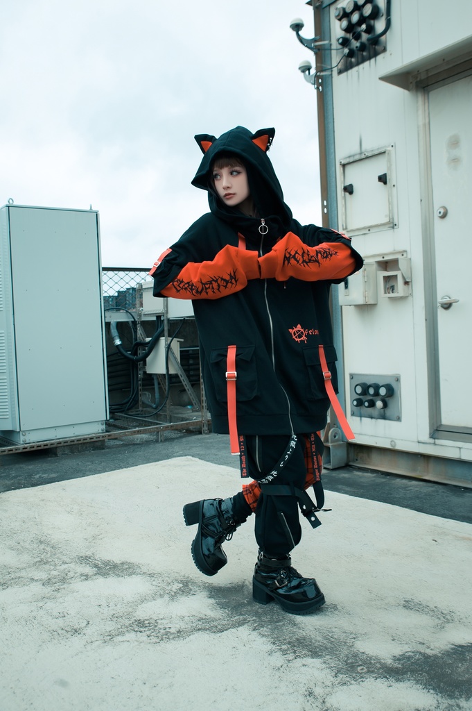 Jillpunk ゑいたコラボ サブカルにゃんこ FELONYキャット クール 二次コン アニメ 重ね着風 かわいいパンク クロスチャーム ゆったり 猫耳 長袖マウンテンパーカー フード付きジャケット オリジナル おしゃれ男女兼用