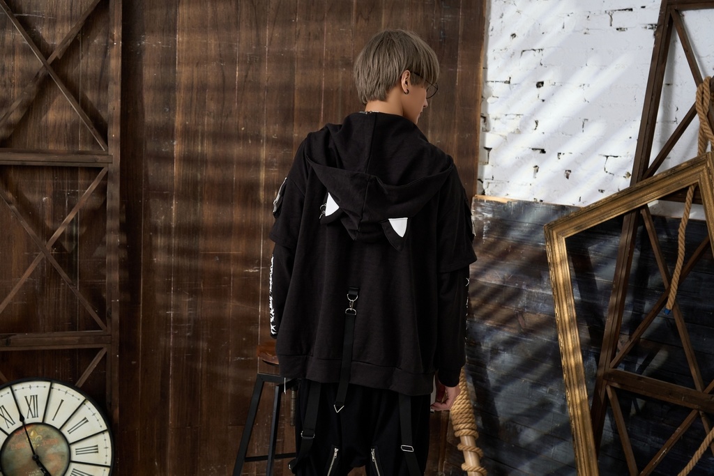 Jillpunk ゑいたコラボ サブカルにゃんこ FELONYキャット クール 二次コン アニメ 重ね着風 かわいいパンク クロスチャーム ゆったり 猫耳 長袖マウンテンパーカー フード付きジャケット オリジナル おしゃれ男女兼用