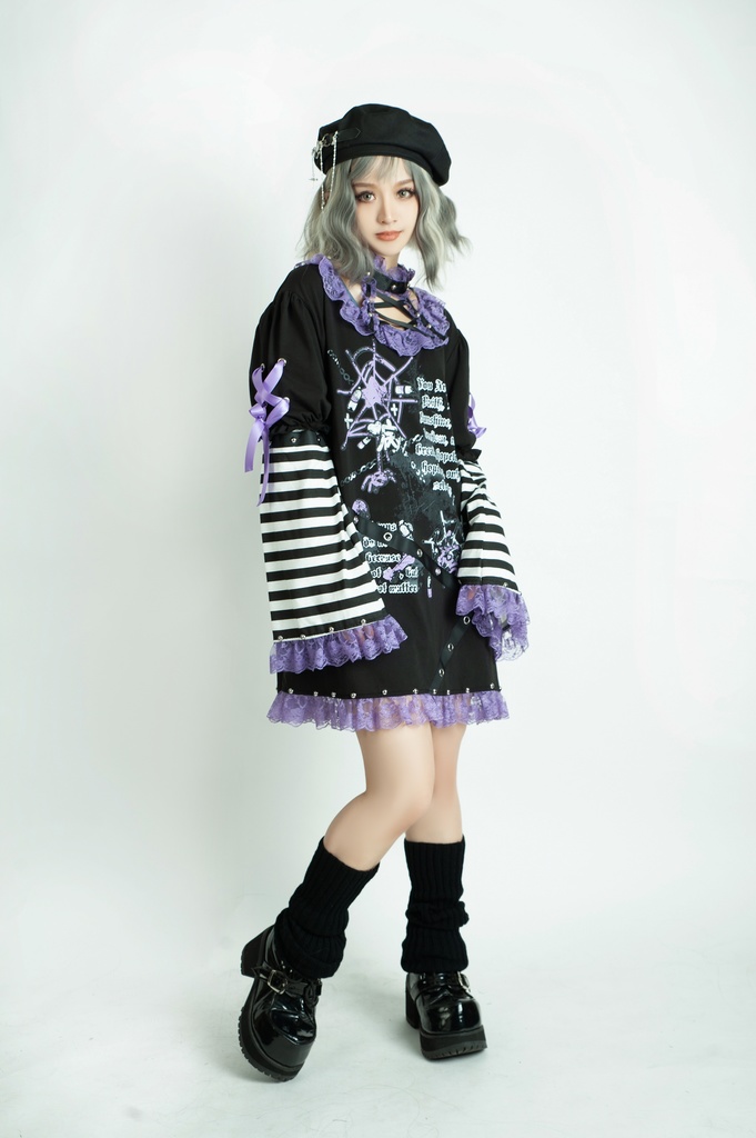 Jillpunk 甜牙草莓コラボ 地雷系 病みかわ 愛の物語 チョーカーネック レースヘム ボーダー柄 アームカバー付き ワンピースドレス ゴシックロリータ 可愛い おしゃれ ファッション萌え