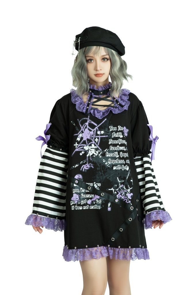 Jillpunk 甜牙草莓コラボ 地雷系 病みかわ 愛の物語 チョーカーネック レースヘム ボーダー柄 アームカバー付き ワンピースドレス ゴシックロリータ 可愛い おしゃれ ファッション萌え