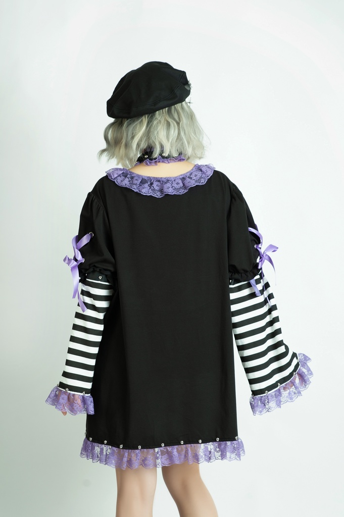 Jillpunk 甜牙草莓コラボ 地雷系 病みかわ 愛の物語 チョーカーネック レースヘム ボーダー柄 アームカバー付き ワンピースドレス ゴシックロリータ 可愛い おしゃれ ファッション萌え