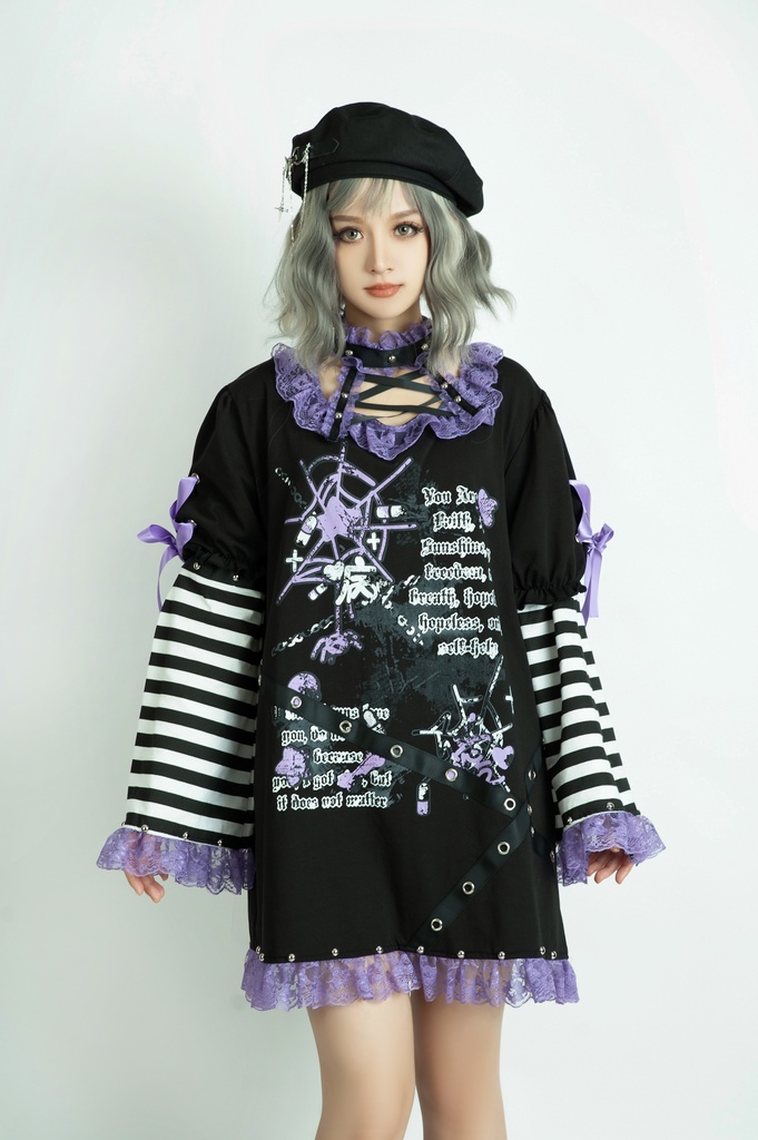 Jillpunk 甜牙草莓コラボ 地雷系 病みかわ 愛の物語 チョーカーネック レースヘム ボーダー柄 アームカバー付き ワンピースドレス ゴシックロリータ 可愛い おしゃれ ファッション萌え