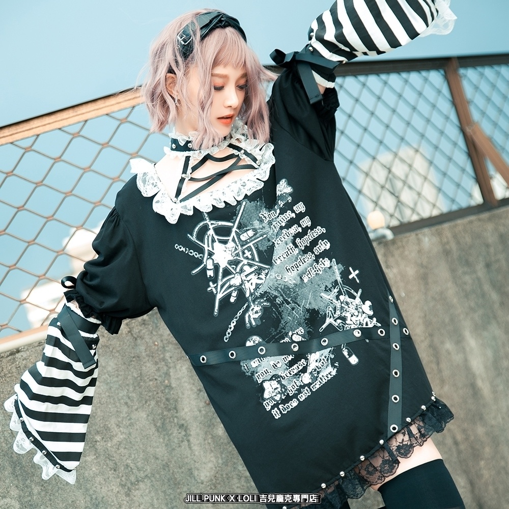 Jillpunk 甜牙草莓コラボ 地雷系 病みかわ 愛の物語 チョーカーネック レースヘム ボーダー柄 アームカバー付き ワンピースドレス ゴシックロリータ 可愛い おしゃれ ファッション萌え
