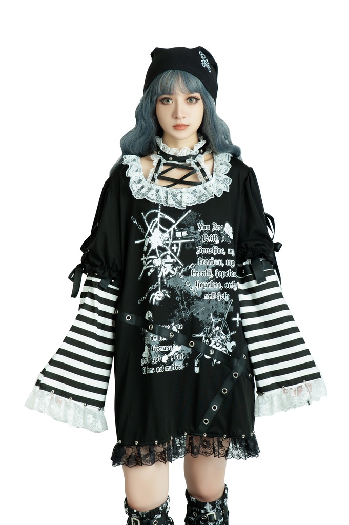 Jillpunk 甜牙草莓コラボ 地雷系 病みかわ 愛の物語 チョーカーネック レースヘム ボーダー柄 アームカバー付き ワンピースドレス ゴシックロリータ 可愛い おしゃれ ファッション萌え