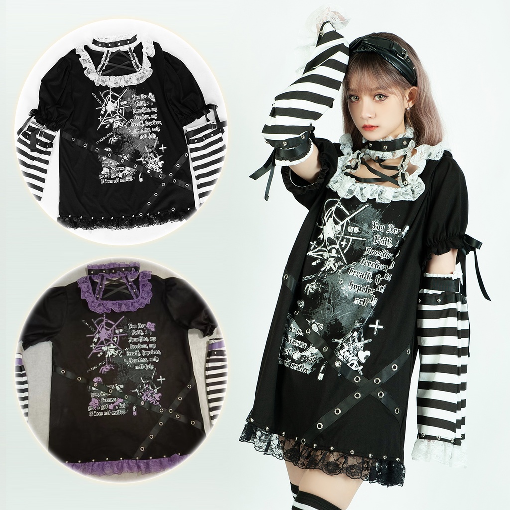 Jillpunk 甜牙草莓コラボ 地雷系 病みかわ 愛の物語 チョーカーネック レースヘム ボーダー柄 アームカバー付き ワンピースドレス ゴシックロリータ 可愛い おしゃれ ファッション萌え