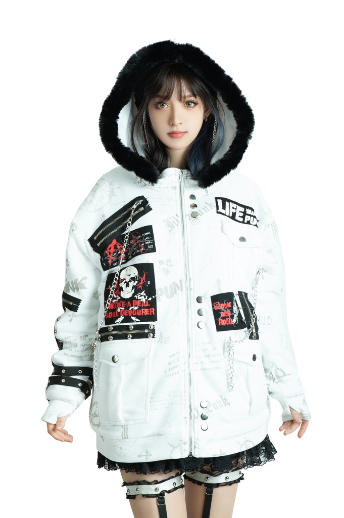 Jillpunk パンクロック バンギャ 兄系ファッション 魂の契約 ヴィンテージプリント 裏起毛 パーカーコート フェイクファー付きフード取り外し可 ジャケット 防寒 オリジナル おしゃれ男女兼用 カッコいい