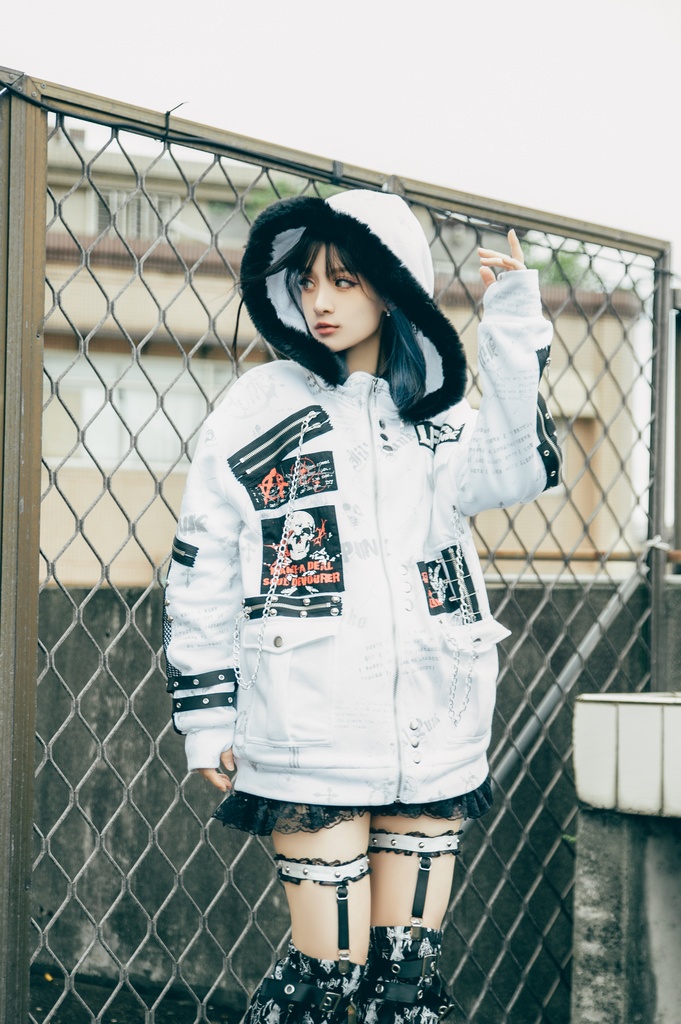 Jillpunk パンクロック バンギャ 兄系ファッション 魂の契約 ヴィンテージプリント 裏起毛 パーカーコート フェイクファー付きフード取り外し可 ジャケット 防寒 オリジナル おしゃれ男女兼用 カッコいい