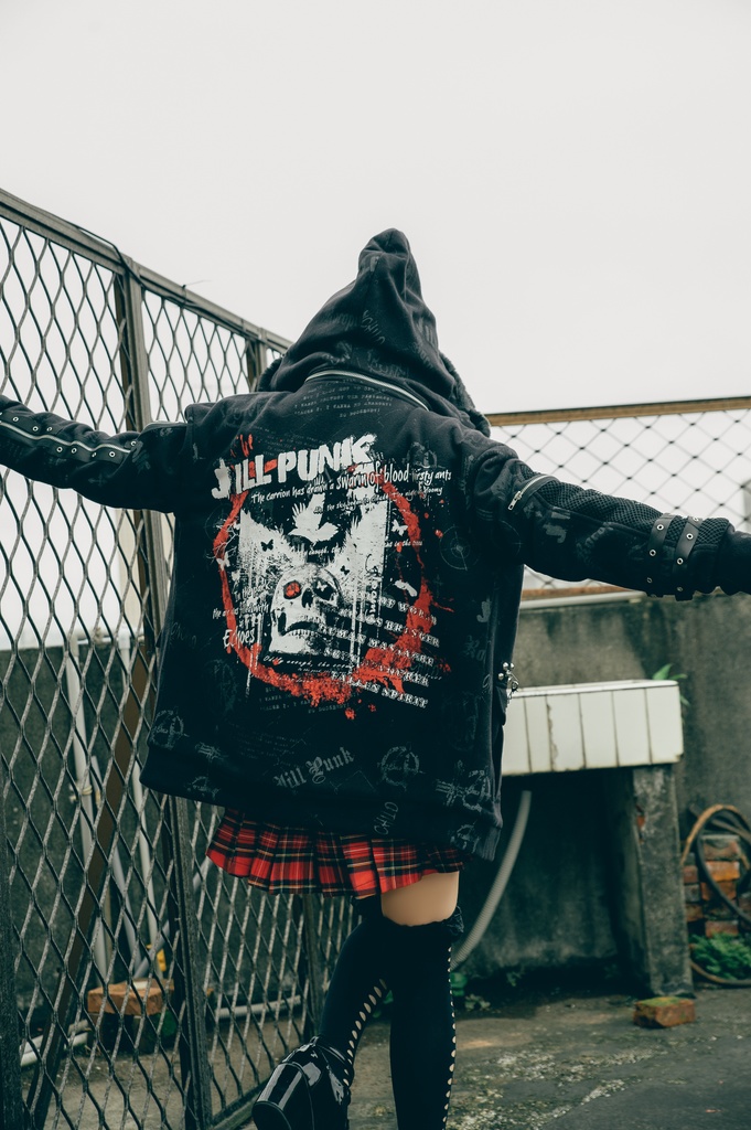 Jillpunk パンクロック バンギャ 兄系ファッション 魂の契約 ヴィンテージプリント 裏起毛 パーカーコート フェイクファー付きフード取り外し可 ジャケット 防寒 オリジナル おしゃれ男女兼用 カッコいい