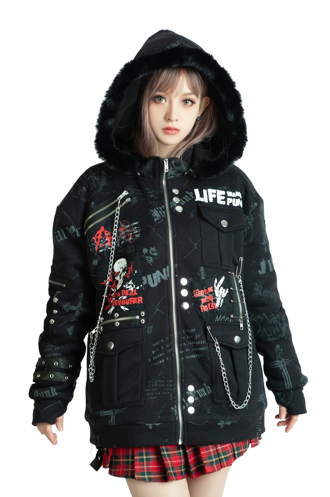 Jillpunk パンクロック バンギャ 兄系ファッション 魂の契約 ヴィンテージプリント 裏起毛 パーカーコート フェイクファー付きフード取り外し可 ジャケット 防寒 オリジナル おしゃれ男女兼用 カッコいい