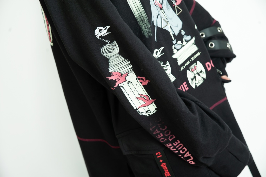 Jillpunk台湾画師三目道具屋コラボ クール系 パンクロック ダーク タロット死神 ペスト医師 ゆったり 長袖 パーカー男女兼用 レディース メンズ かっこいい オリジナル おしゃれ