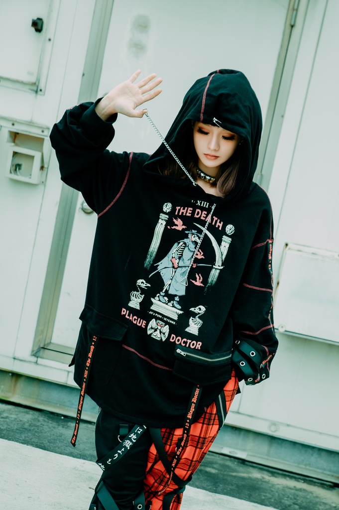 Jillpunk台湾画師三目道具屋コラボ クール系 パンクロック ダーク タロット死神 ペスト医師 ゆったり 長袖 パーカー男女兼用 レディース メンズ かっこいい オリジナル おしゃれ