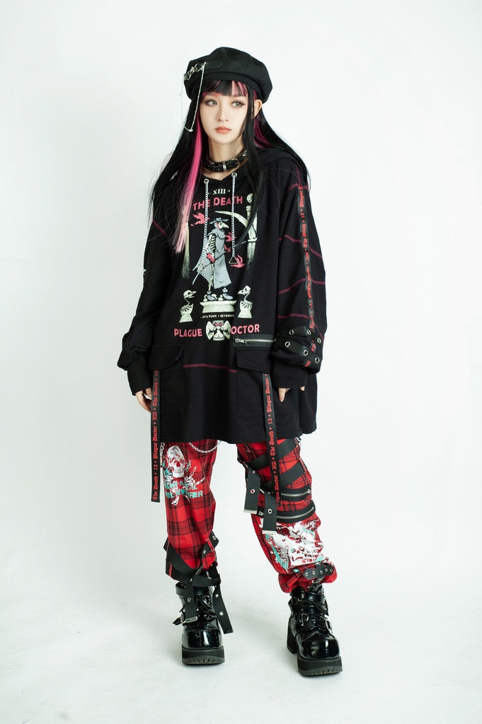 Jillpunk台湾画師三目道具屋コラボ クール系 パンクロック ダーク タロット死神 ペスト医師 ゆったり 長袖 パーカー男女兼用 レディース メンズ かっこいい オリジナル おしゃれ