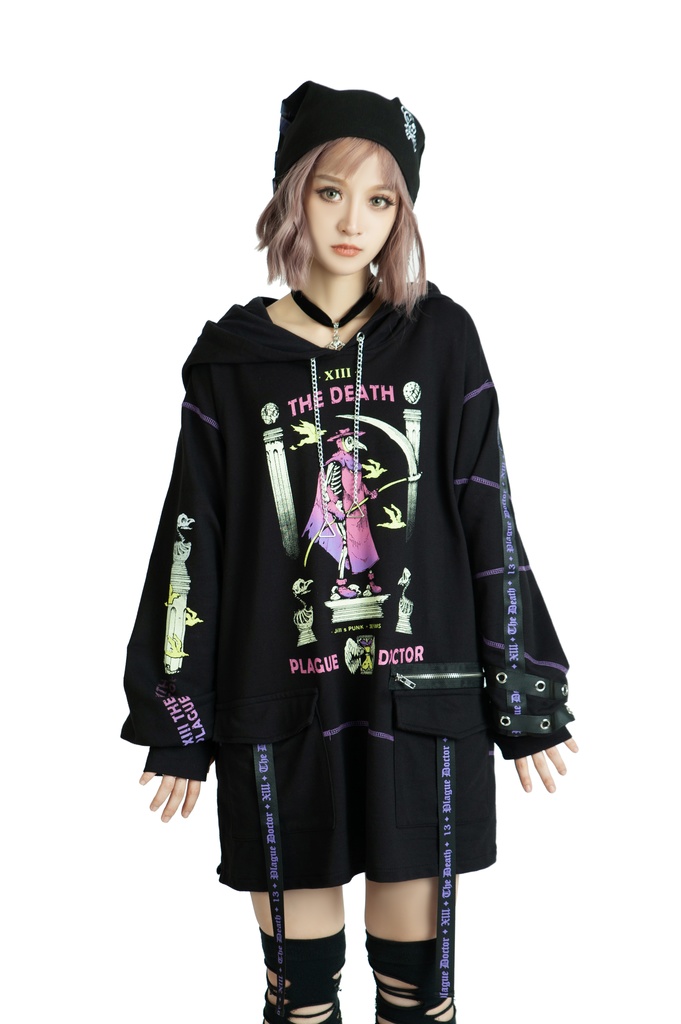 Jillpunk台湾画師三目道具屋コラボ クール系 パンクロック ダーク タロット死神 ペスト医師 ゆったり 長袖 パーカー男女兼用 レディース メンズ かっこいい オリジナル おしゃれ