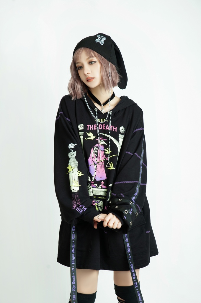 Jillpunk台湾画師三目道具屋コラボ クール系 パンクロック ダーク タロット死神 ペスト医師 ゆったり 長袖 パーカー男女兼用 レディース メンズ かっこいい オリジナル おしゃれ