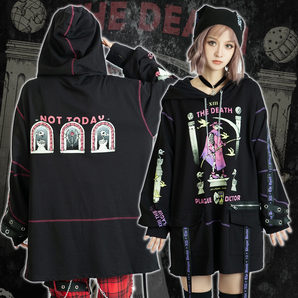 Jillpunk台湾画師三目道具屋コラボ クール系 パンクロック ダーク タロット死神 ペスト医師 ゆったり 長袖 パーカー男女兼用 レディース メンズ かっこいい オリジナル おしゃれ