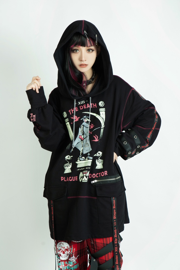 Jillpunk台湾画師三目道具屋コラボ クール系 パンクロック ダーク タロット死神 ペスト医師 ゆったり 長袖 パーカー男女兼用 レディース メンズ かっこいい オリジナル おしゃれ
