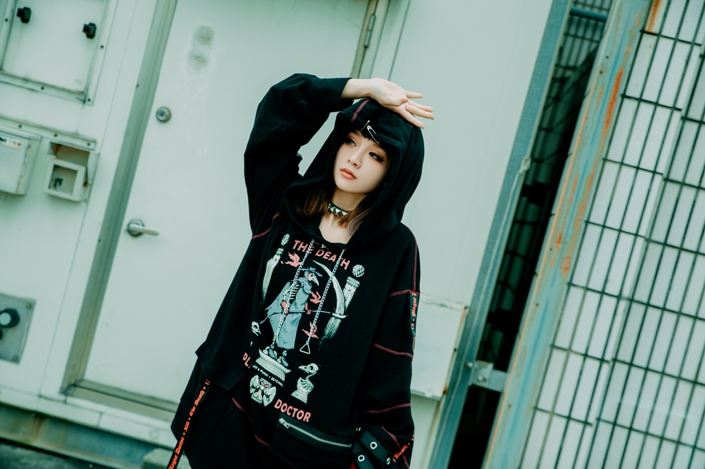 Jillpunk台湾画師三目道具屋コラボ クール系 パンクロック ダーク タロット死神 ペスト医師 ゆったり 長袖 パーカー男女兼用 レディース メンズ かっこいい オリジナル おしゃれ