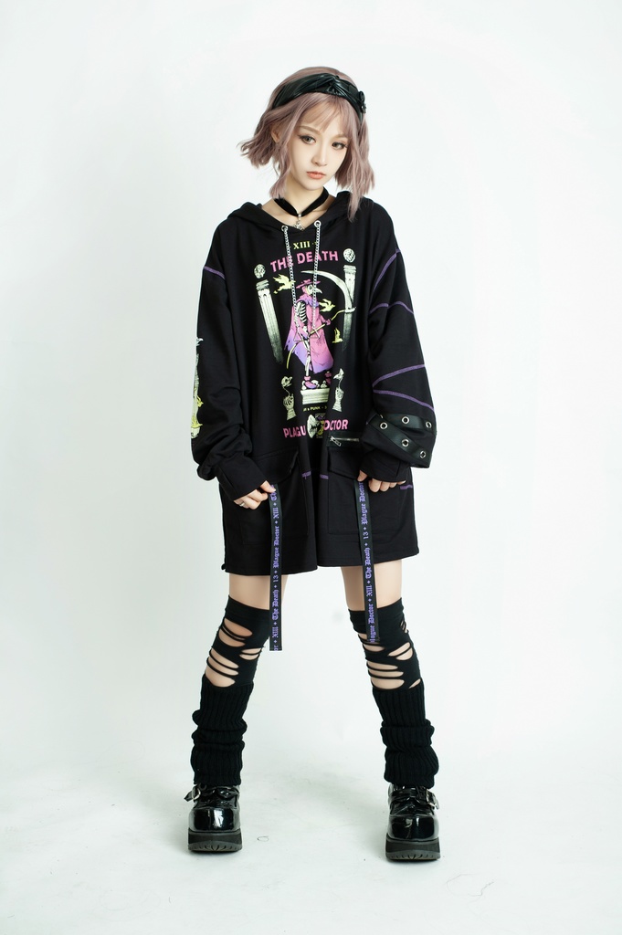 Jillpunk台湾画師三目道具屋コラボ クール系 パンクロック ダーク タロット死神 ペスト医師 ゆったり 長袖 パーカー男女兼用 レディース メンズ かっこいい オリジナル おしゃれ