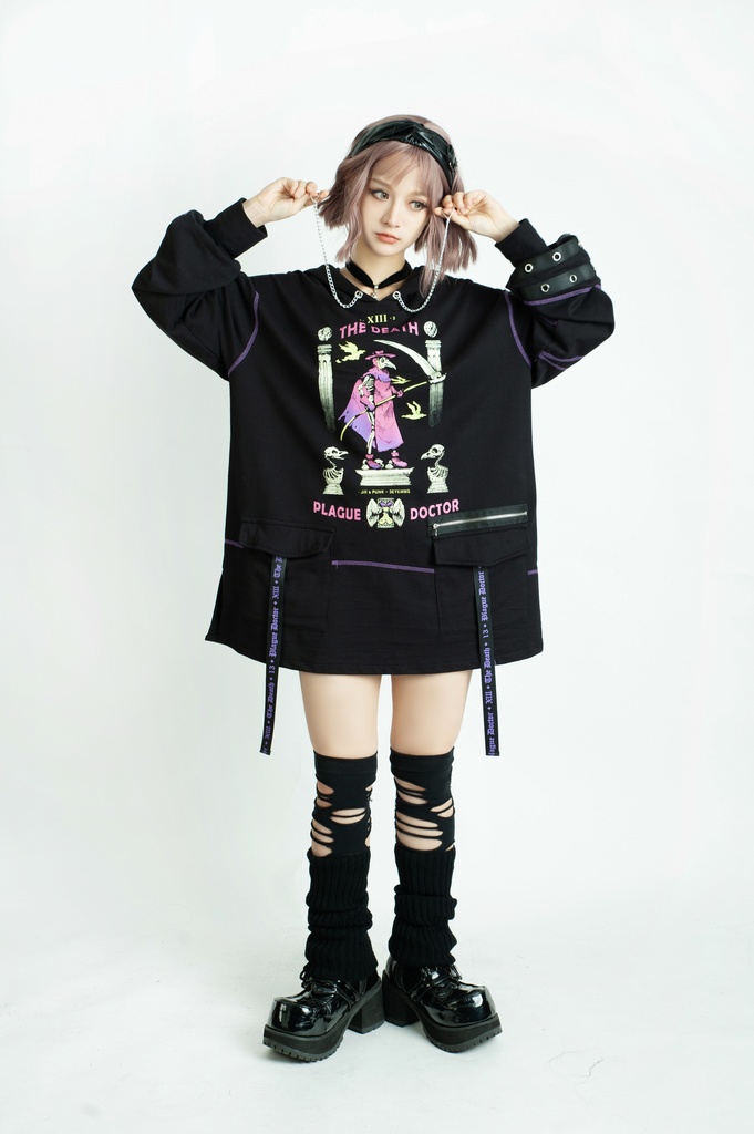 Jillpunk台湾画師三目道具屋コラボ クール系 パンクロック ダーク タロット死神 ペスト医師 ゆったり 長袖 パーカー男女兼用 レディース メンズ かっこいい オリジナル おしゃれ