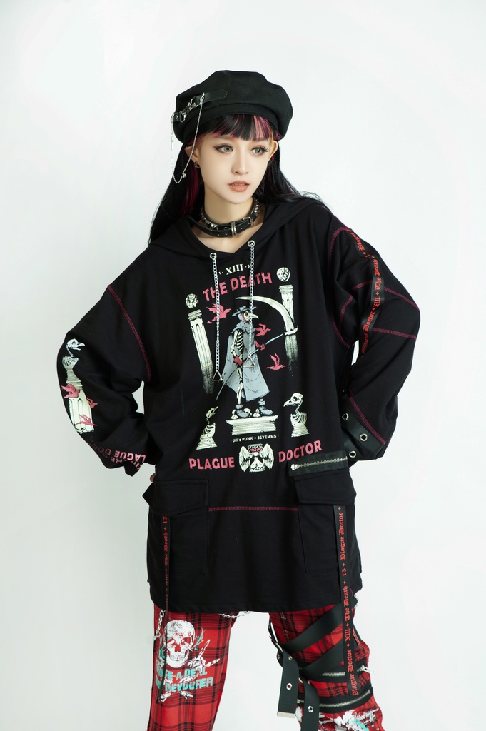 Jillpunk台湾画師三目道具屋コラボ クール系 パンクロック ダーク タロット死神 ペスト医師 ゆったり 長袖 パーカー男女兼用 レディース メンズ かっこいい オリジナル おしゃれ