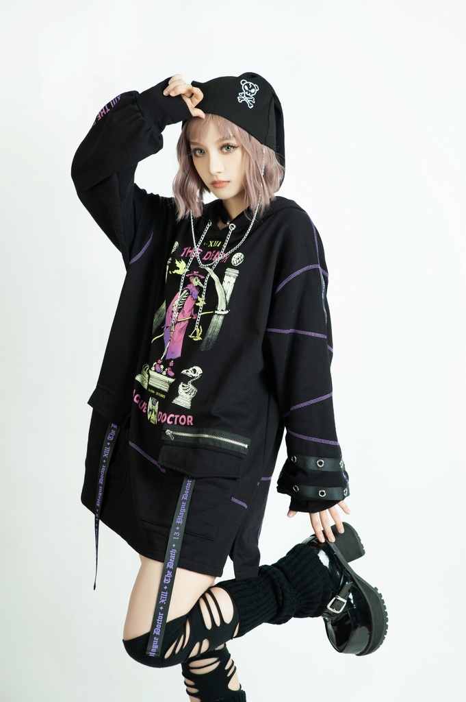 Jillpunk台湾画師三目道具屋コラボ クール系 パンクロック ダーク タロット死神 ペスト医師 ゆったり 長袖 パーカー男女兼用 レディース メンズ かっこいい オリジナル おしゃれ