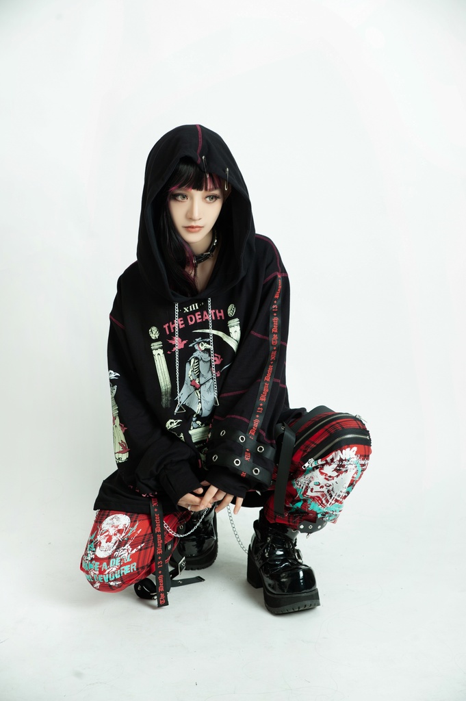 Jillpunk台湾画師三目道具屋コラボ クール系 パンクロック ダーク タロット死神 ペスト医師 ゆったり 長袖 パーカー男女兼用 レディース メンズ かっこいい オリジナル おしゃれ