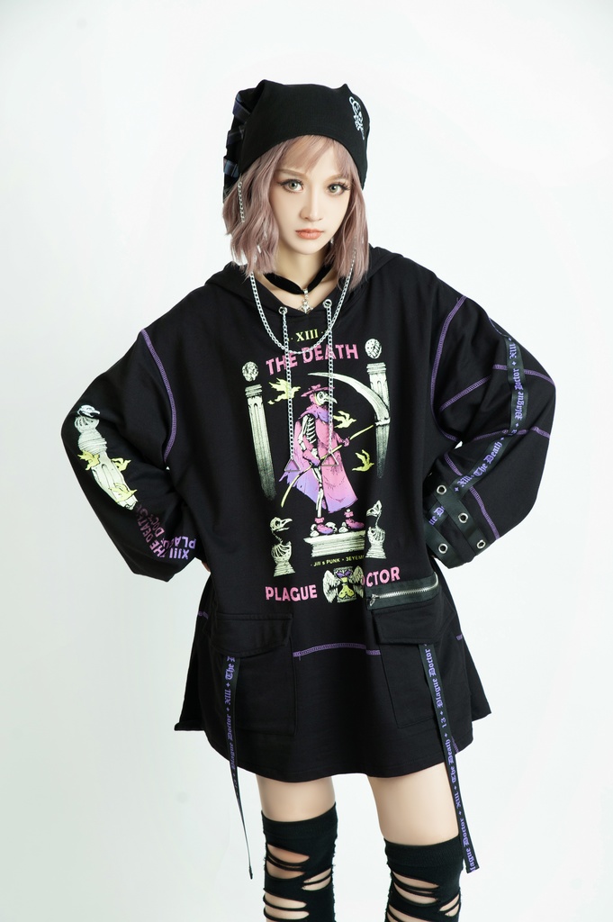 Jillpunk台湾画師三目道具屋コラボ クール系 パンクロック ダーク タロット死神 ペスト医師 ゆったり 長袖 パーカー男女兼用 レディース メンズ かっこいい オリジナル おしゃれ