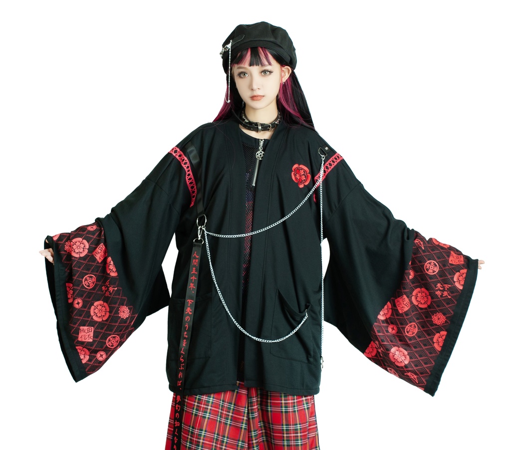 Jillpunk 和風モード 和柄 戦国武将物語 第六天魔王 織田信長 武将譚 漢字書道 鎖チェーン付き 振袖現代羽織 和装ジャケット オリジナル メンズ レディー V系 カッコいい おしゃれ 男女兼用ファッション