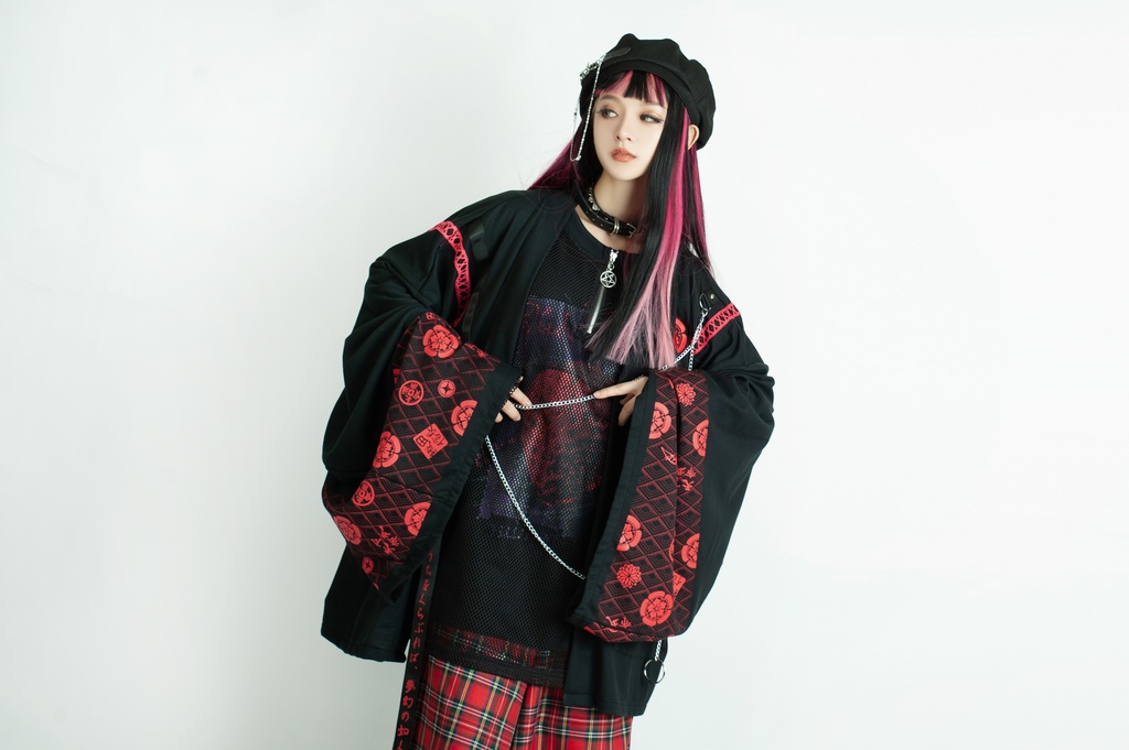 Jillpunk 和風モード 和柄 戦国武将物語 第六天魔王 織田信長 武将譚 漢字書道 鎖チェーン付き 振袖現代羽織 和装ジャケット オリジナル メンズ レディー V系 カッコいい おしゃれ 男女兼用ファッション