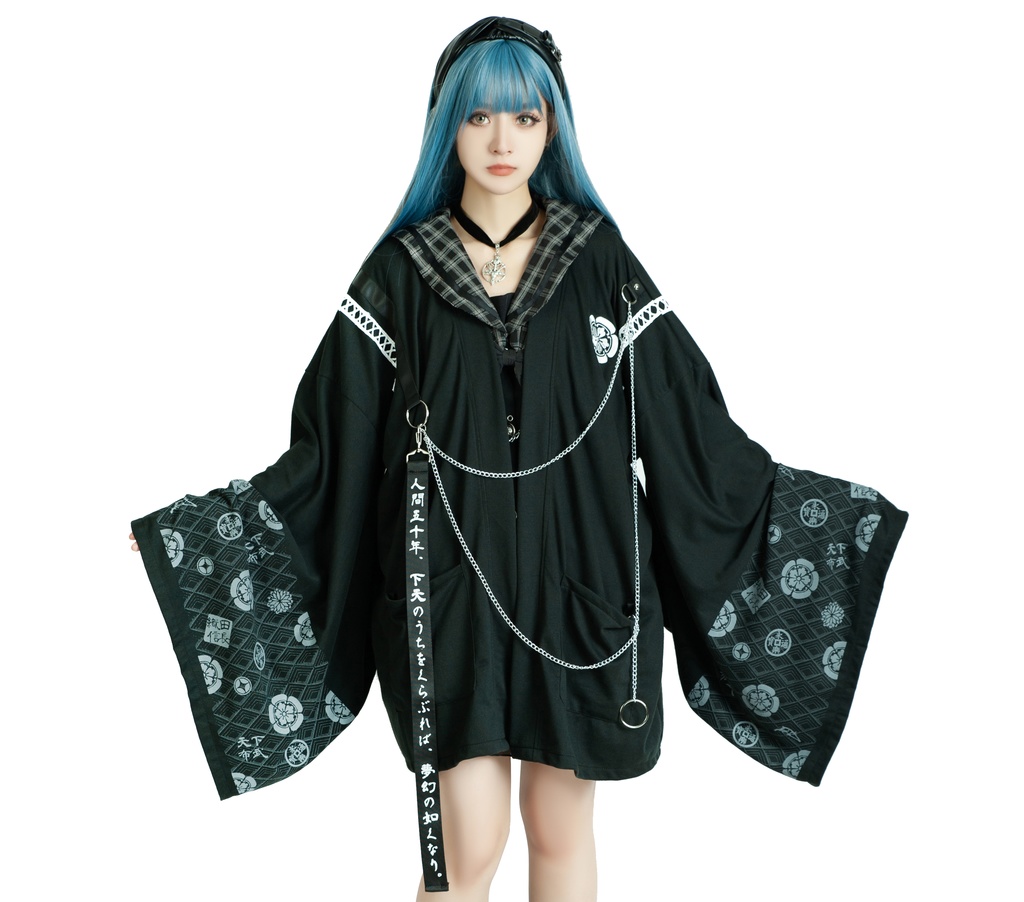 Jillpunk 和風モード 和柄 戦国武将物語 第六天魔王 織田信長 武将譚 漢字書道 鎖チェーン付き 振袖現代羽織 和装ジャケット オリジナル メンズ レディー V系 カッコいい おしゃれ 男女兼用ファッション