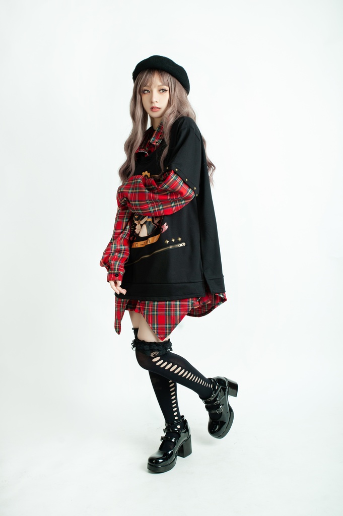 Jillpunk 芝麻コラボ アニメ お宅 ニ次コン スチームパンク風 エジプト神話ベビー アヌビス タータンチェック柄 歯車チャーム 重ね着Tシャツ シャツカラーカットソー オリジナル メンズ レディーズ おしゃれ 男女兼用 ファッション 秋葉系 可愛い