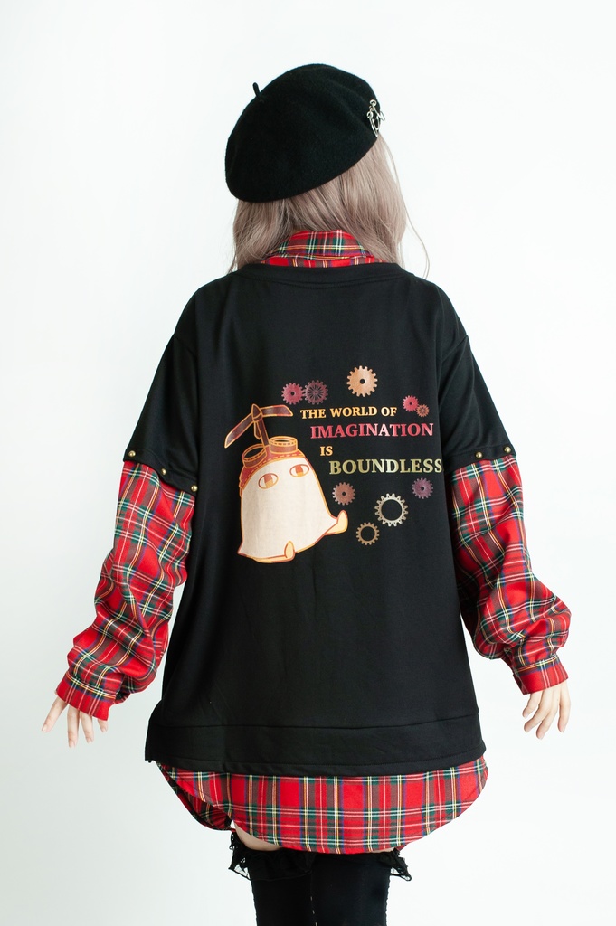 Jillpunk 芝麻コラボ アニメ お宅 ニ次コン スチームパンク風 エジプト神話ベビー アヌビス タータンチェック柄 歯車チャーム 重ね着Tシャツ シャツカラーカットソー オリジナル メンズ レディーズ おしゃれ 男女兼用 ファッション 秋葉系 可愛い