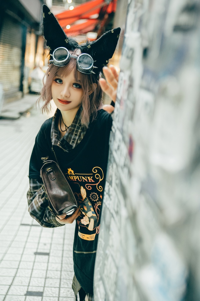 Jillpunk 芝麻コラボ アニメ お宅 ニ次コン スチームパンク風 エジプト神話ベビー アヌビス タータンチェック柄 歯車チャーム 重ね着Tシャツ シャツカラーカットソー オリジナル メンズ レディーズ おしゃれ 男女兼用 ファッション 秋葉系 可愛い