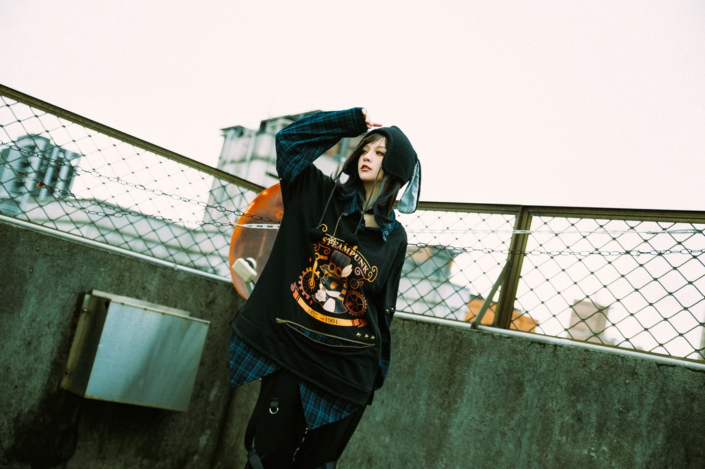 Jillpunk 芝麻コラボ アニメ お宅 ニ次コン スチームパンク風 エジプト神話ベビー アヌビス タータンチェック柄 歯車チャーム 重ね着Tシャツ シャツカラーカットソー オリジナル メンズ レディーズ おしゃれ 男女兼用 ファッション 秋葉系 可愛い