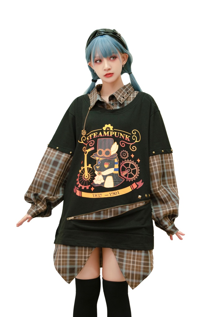 Jillpunk 芝麻コラボ アニメ お宅 ニ次コン スチームパンク風 エジプト神話ベビー アヌビス タータンチェック柄 歯車チャーム 重ね着Tシャツ シャツカラーカットソー オリジナル メンズ レディーズ おしゃれ 男女兼用 ファッション 秋葉系 可愛い