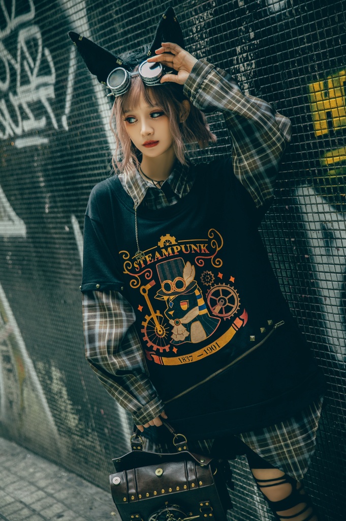 Jillpunk 芝麻コラボ アニメ お宅 ニ次コン スチームパンク風 エジプト神話ベビー アヌビス タータンチェック柄 歯車チャーム 重ね着Tシャツ シャツカラーカットソー オリジナル メンズ レディーズ おしゃれ 男女兼用 ファッション 秋葉系 可愛い