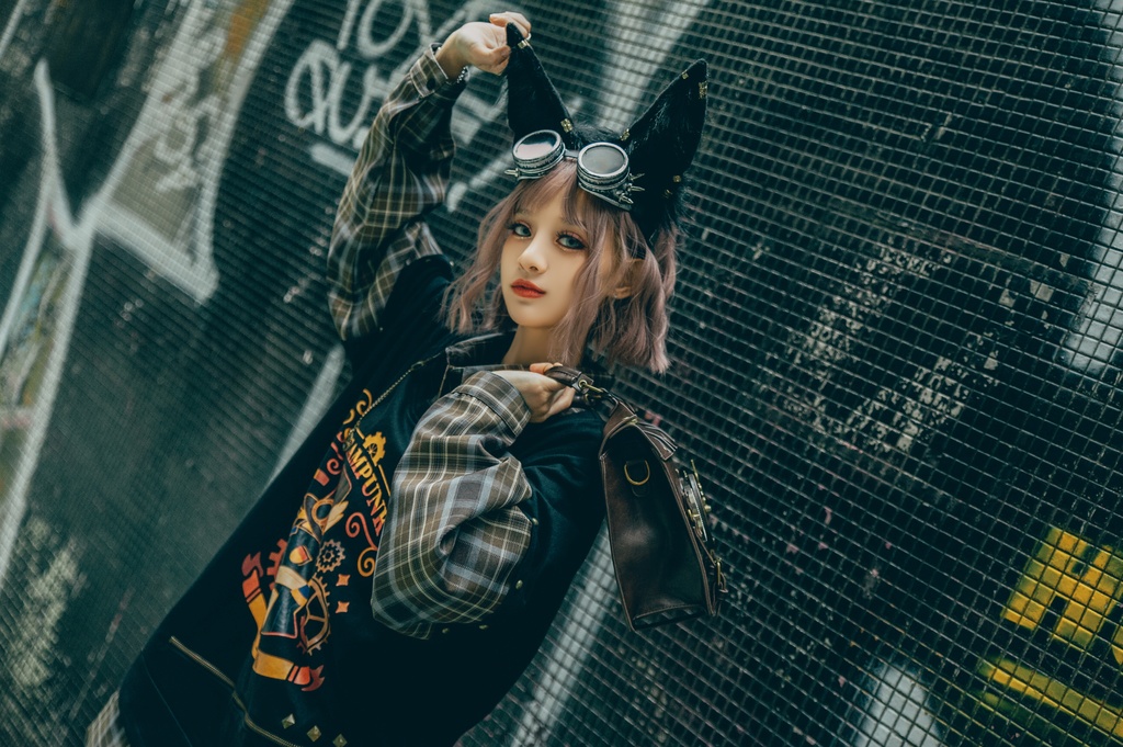 Jillpunk 芝麻コラボ アニメ お宅 ニ次コン スチームパンク風 エジプト神話ベビー アヌビス タータンチェック柄 歯車チャーム 重ね着Tシャツ シャツカラーカットソー オリジナル メンズ レディーズ おしゃれ 男女兼用 ファッション 秋葉系 可愛い