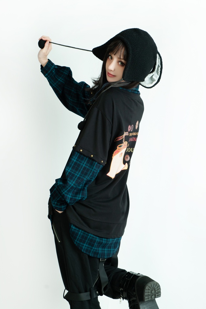 Jillpunk 芝麻コラボ アニメ お宅 ニ次コン スチームパンク風 エジプト神話ベビー アヌビス タータンチェック柄 歯車チャーム 重ね着Tシャツ シャツカラーカットソー オリジナル メンズ レディーズ おしゃれ 男女兼用 ファッション 秋葉系 可愛い