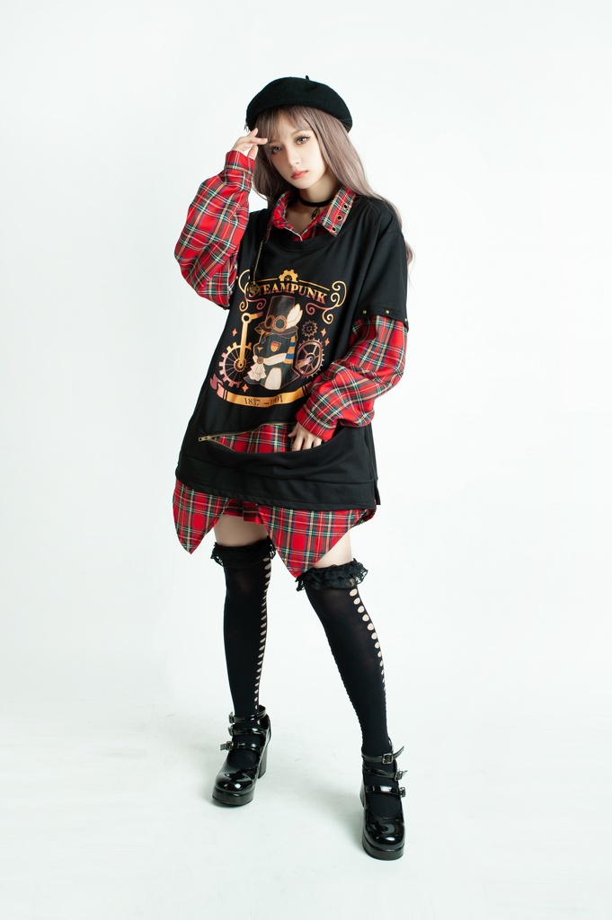 Jillpunk 芝麻コラボ アニメ お宅 ニ次コン スチームパンク風 エジプト神話ベビー アヌビス タータンチェック柄 歯車チャーム 重ね着Tシャツ シャツカラーカットソー オリジナル メンズ レディーズ おしゃれ 男女兼用 ファッション 秋葉系 可愛い